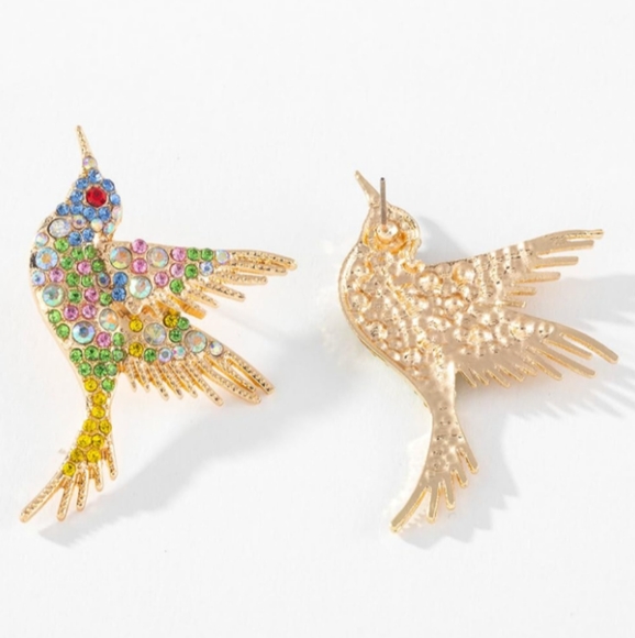 Multicolor Bird Rhinestone Earrings Gold Hummingbird CZ Pave Crystal Birds Posts - Picture 6 of 13